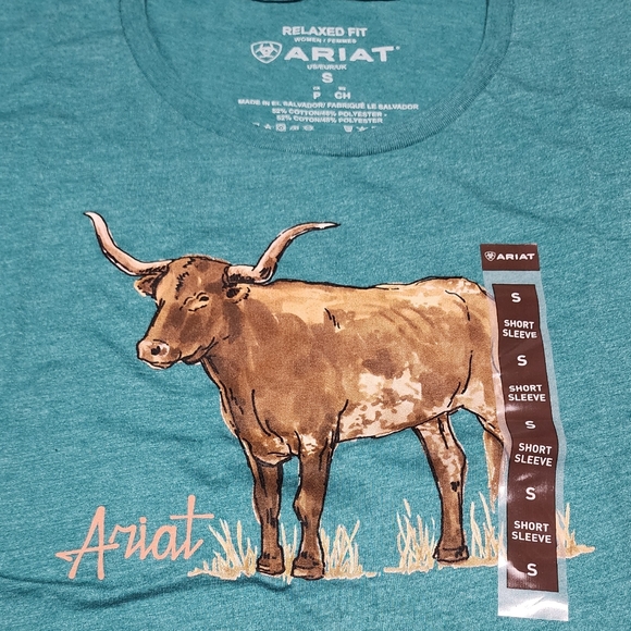 NWT Ariat Longhorn Watercolor Short Sleeve Teal Green T-Shirt Size Small / Large - Picture 8 of 11